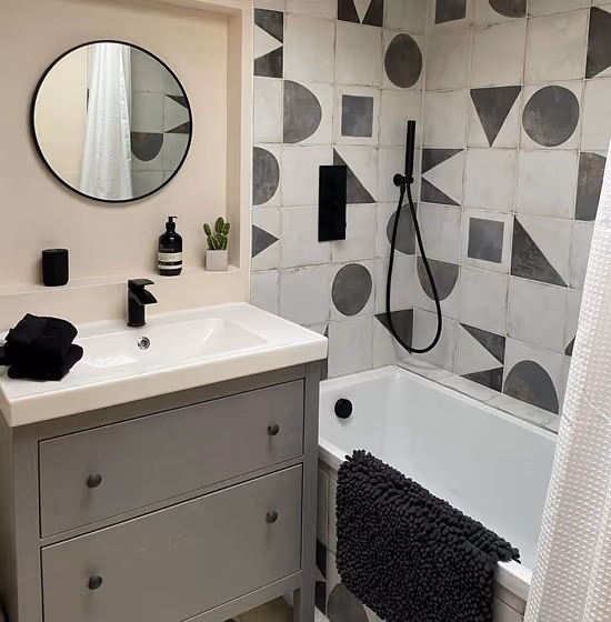 Farrow and Ball Dimity walls with geometric tiles