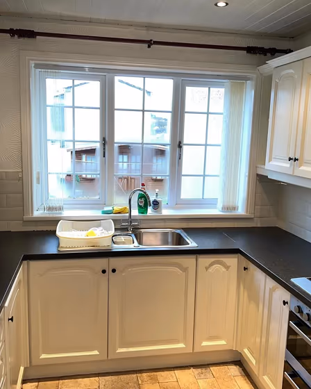 Farrow and Ball Dimity cozy kitchen cabinets review