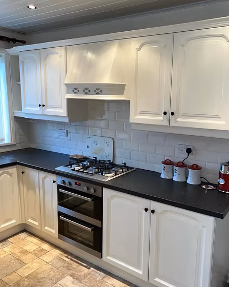 Farrow and Ball Dimity cozy kitchen cabinets paint