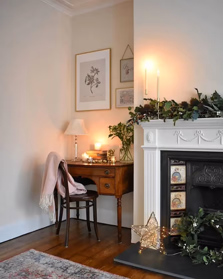 Farrow and Ball Dimity living room fireplace picture