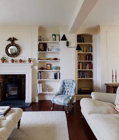 Farrow and Ball Dimity living room fireplace picture