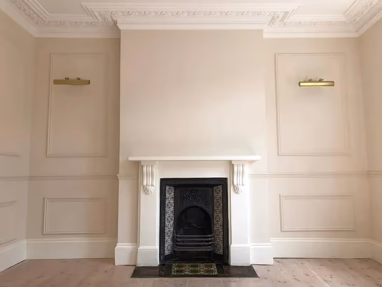Farrow and Ball Dimity living room fireplace interior