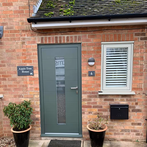 Green grey RAL 7009 review entrance door