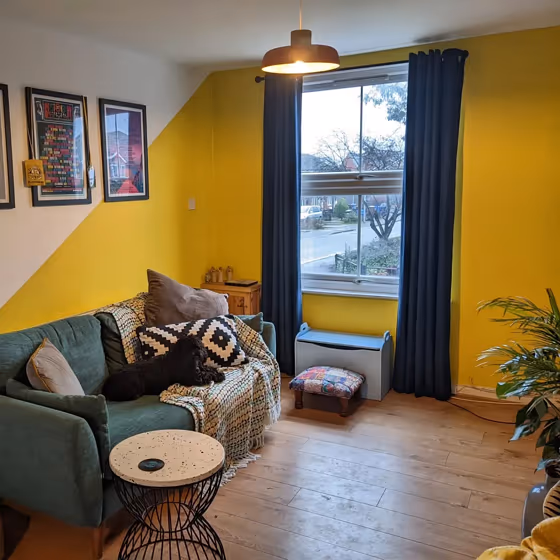 Dulux Lemon Punch living room color-block