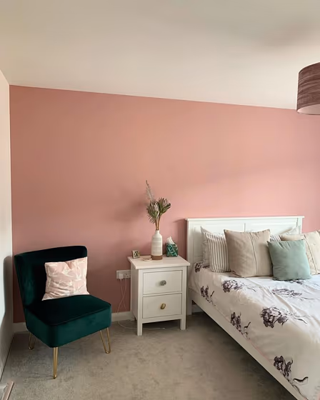 Pink bedroom interior Little Green Hellebore review