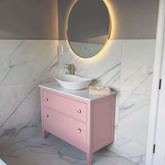 Ikea Hemnes vanity dressed with Little Greene Hellbore