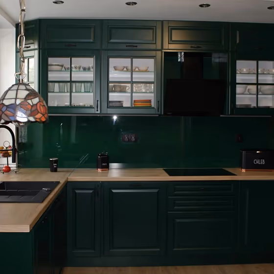 Dark green kitchen cabinets RAL 6005 real photos