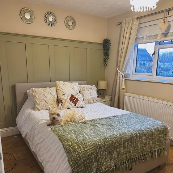 Dulux Overtly Olive bedroom panelling