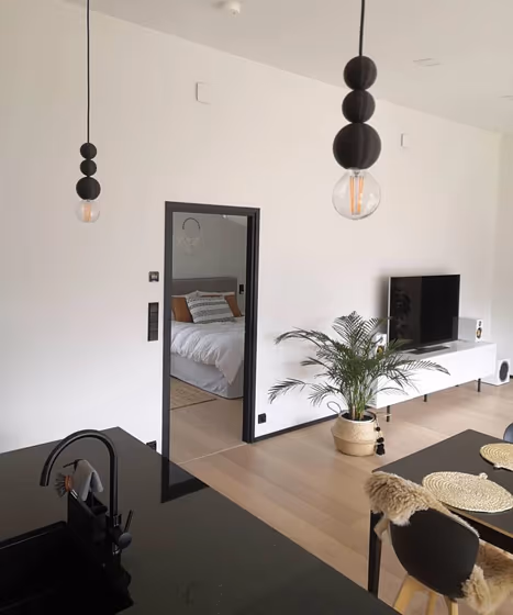 Tikkurila Paper F497 living room with door to the bedroom