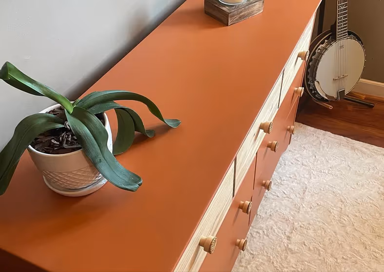 Orange dresser Behr Rusty Gate paint review