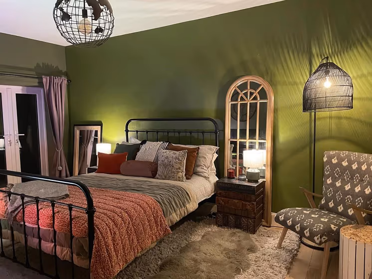 Dark green bedroom interior Sap Green