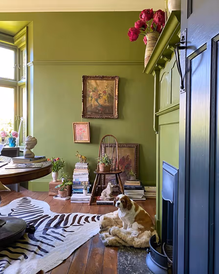 Victorian house warm green room Farrow and Ball