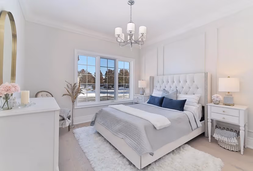 White wall in a bedroom Benjamin Moore Silver Satin