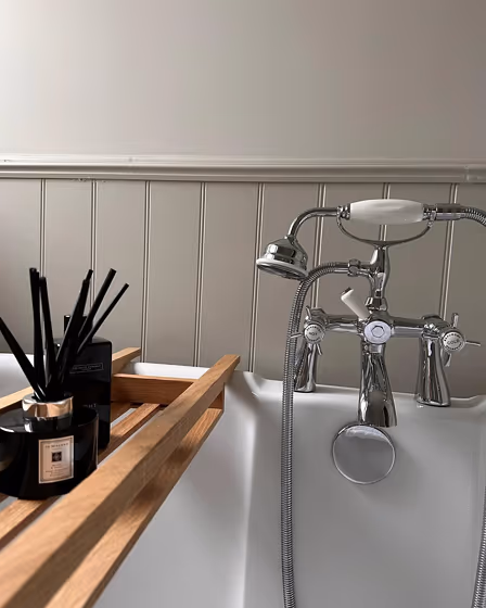 Little Greene Slaked Lime Mid 149 bathroom with classic faucet