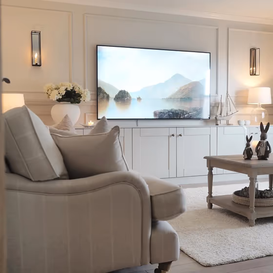 Little Greene Slaked Lime Mid 149 living room with big TV