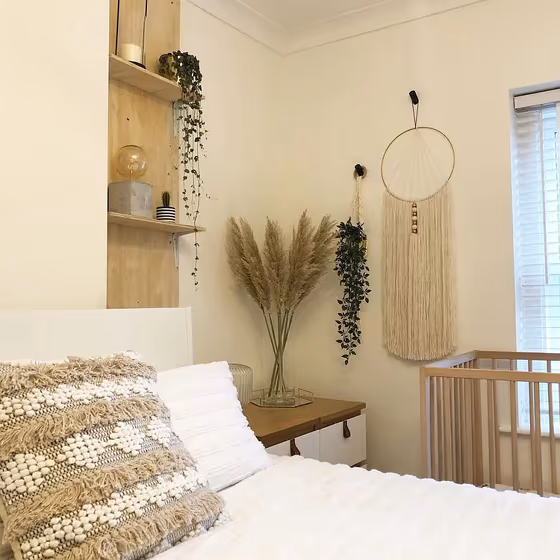 Boho bedroom interior with Wimborne WHite