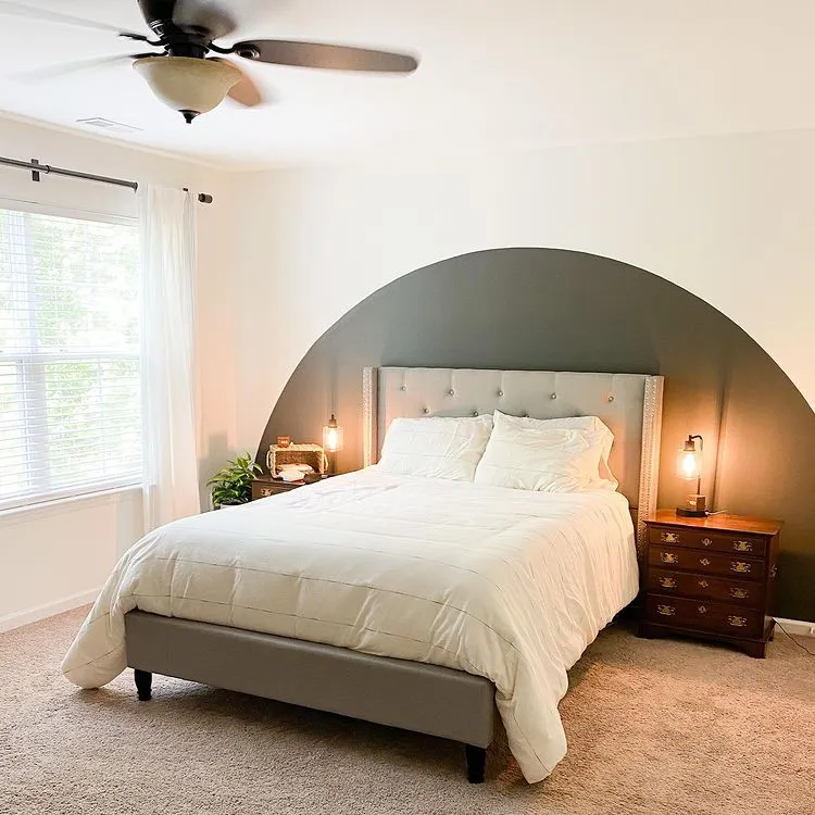 White bedroom interior with black circle color-block