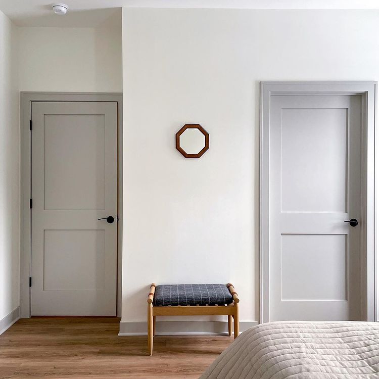 White walls interior with grey doors Sherwin Williams Alabaster