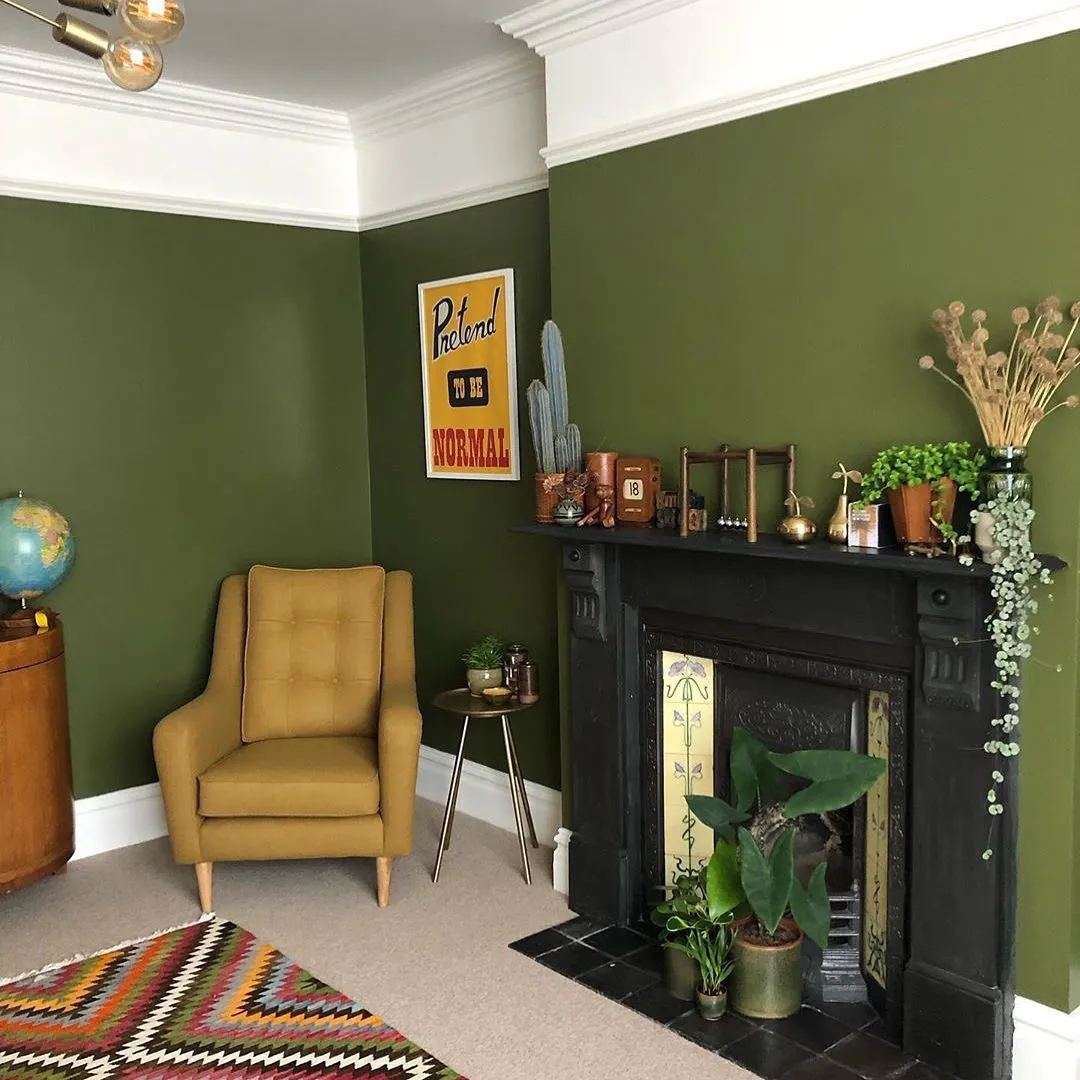 Vintage interior with warm green Farrow and Ball Bancha