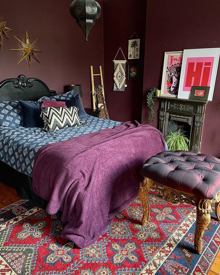 Purple bedroom interior Farrow and Bal Brinjal