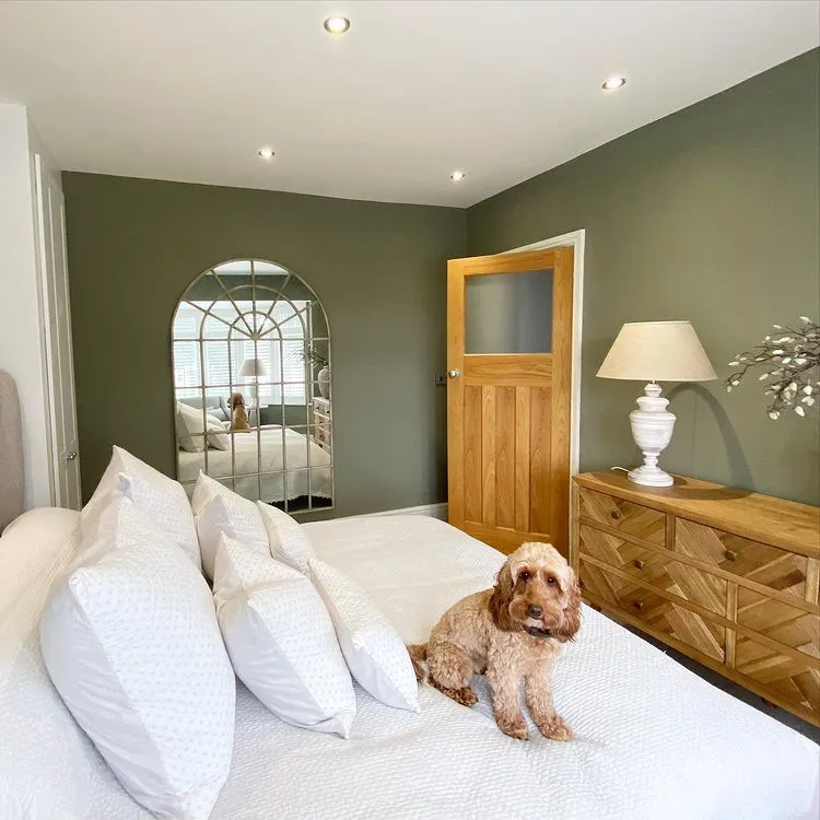 Bedroom renovation with sage green Treron Farrow and Ball
