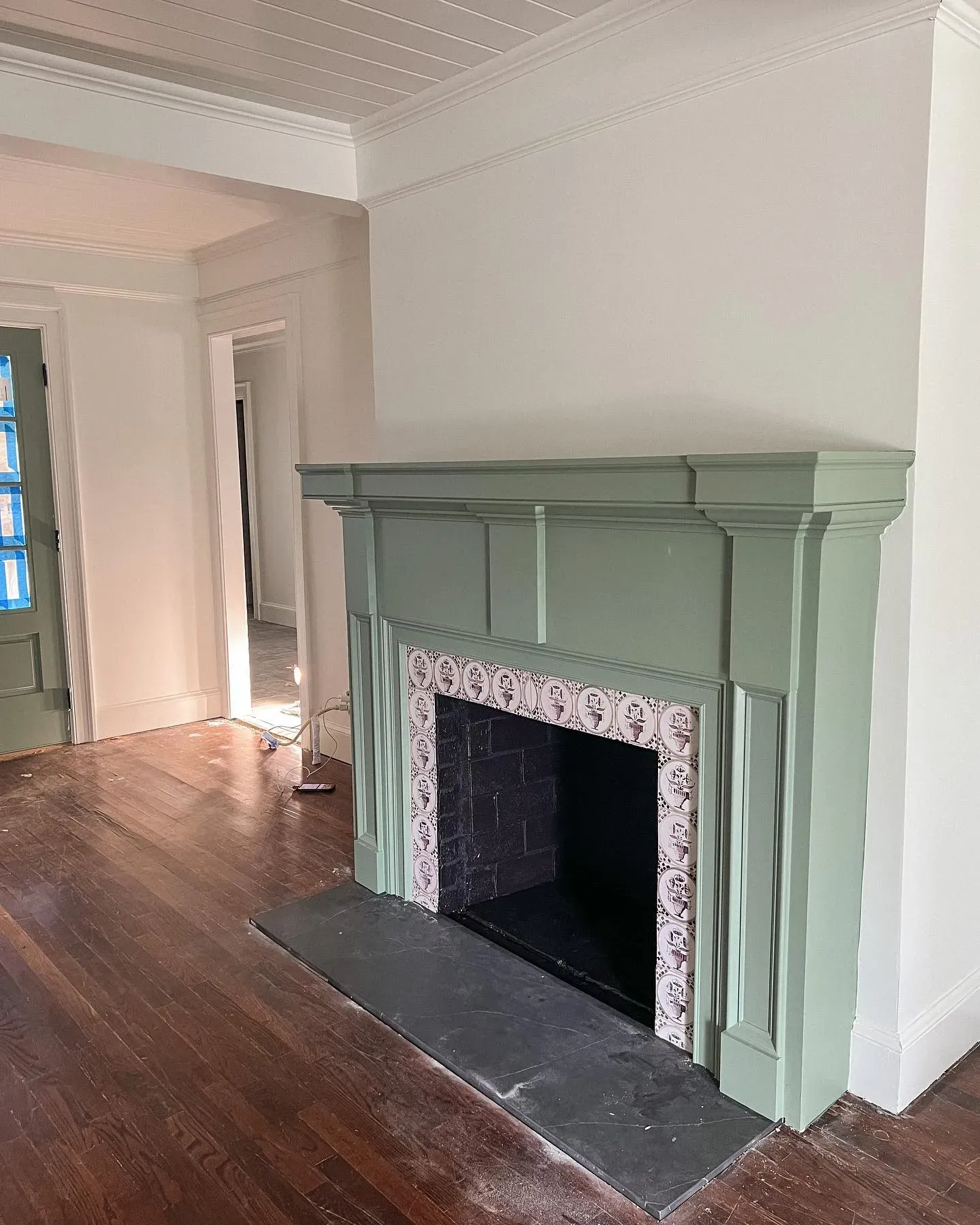 Benjamin Moore Adirondack Green living room fireplace color