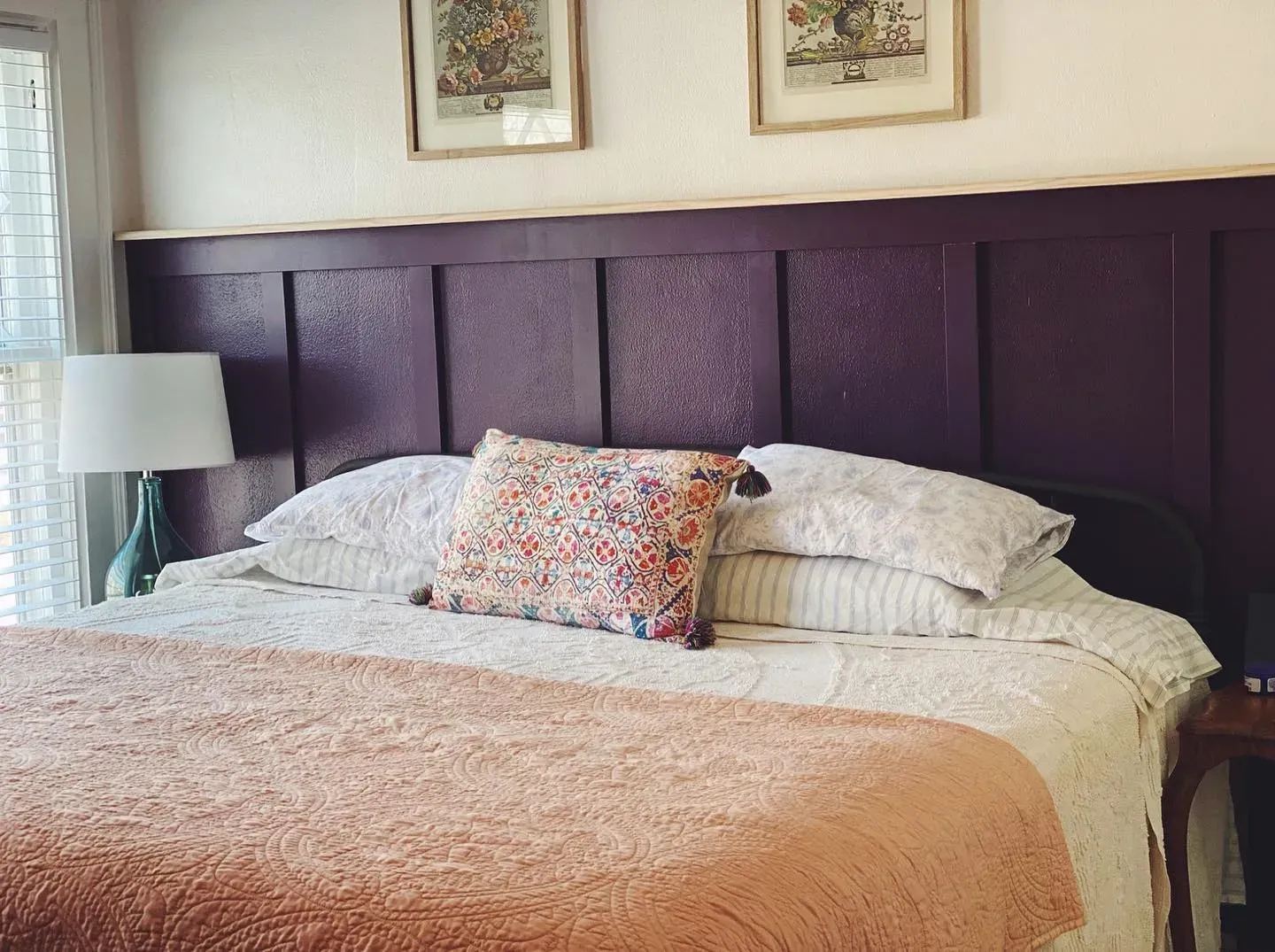 Benjamin Moore Passion Plum bathroom wall panelling 