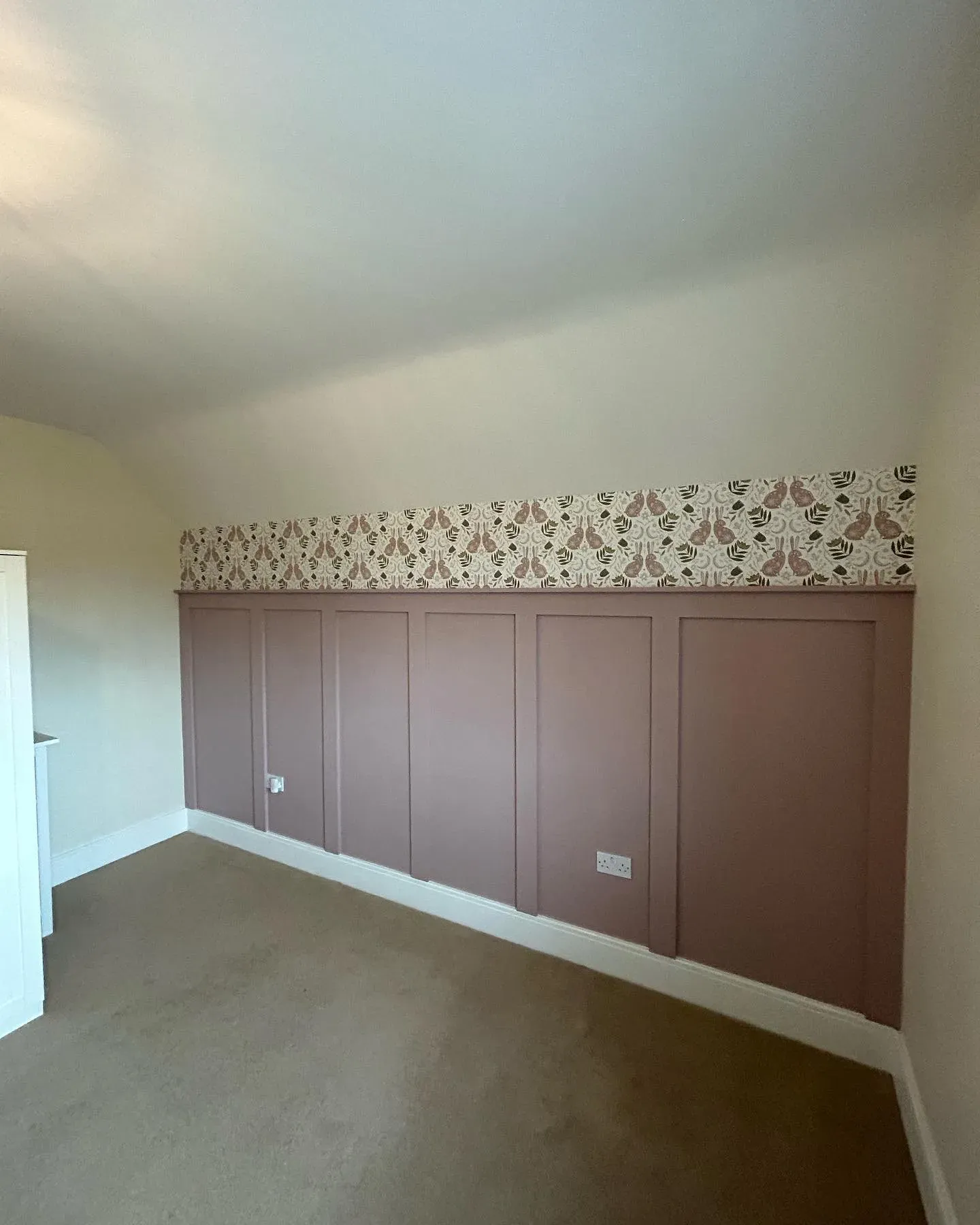 Benjamin Moore Rose Bisque bedroom wall panelling interior