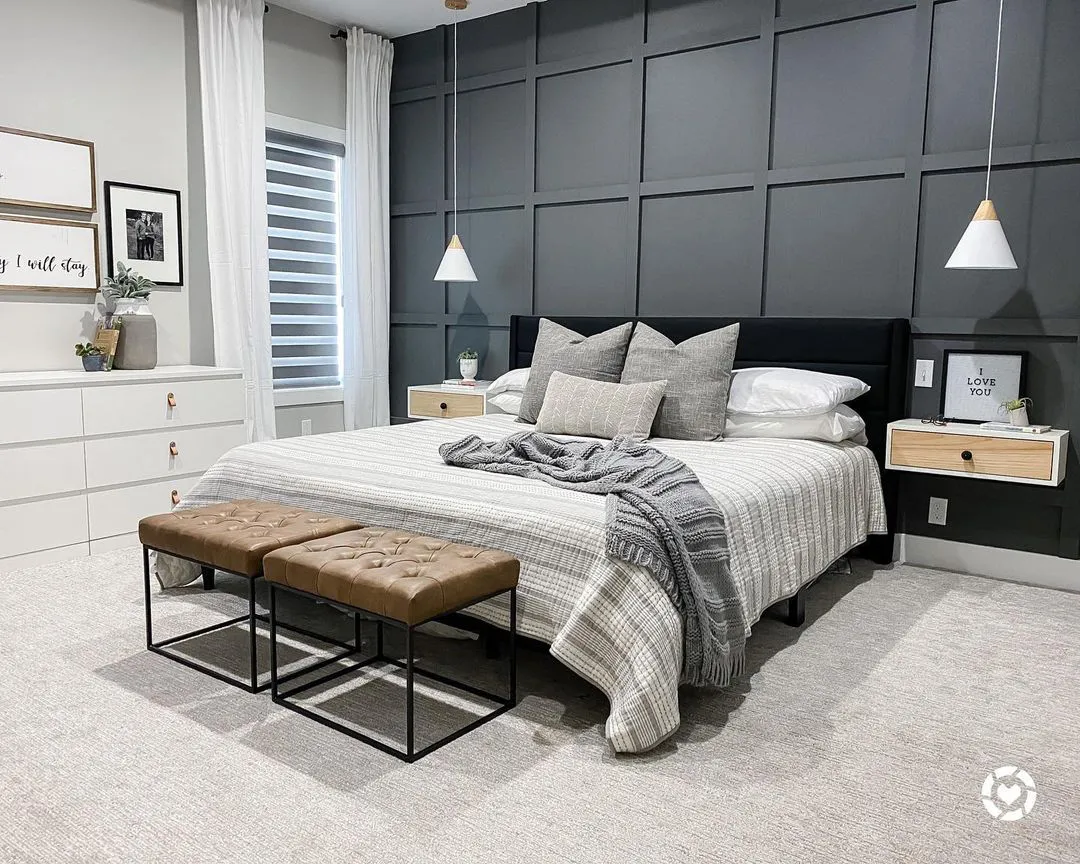 Bedroom panelling with Kendall Charcoal paint color