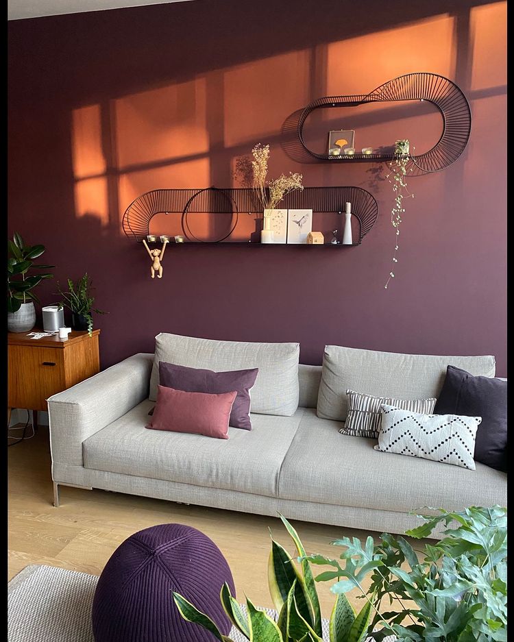Grey couch with purple walls Brinjal by Farrow and Ball