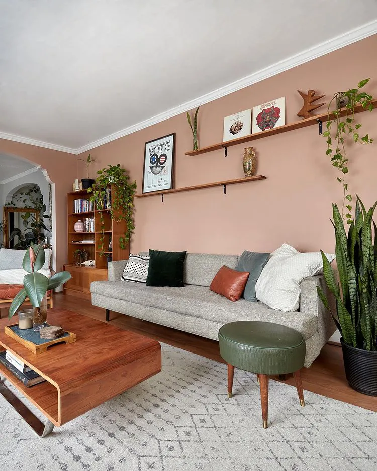 Vintage living room interior with peach walls