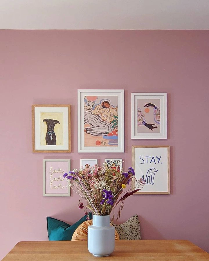 Pink gallery wall Farrow and Ball Cinder Rose color