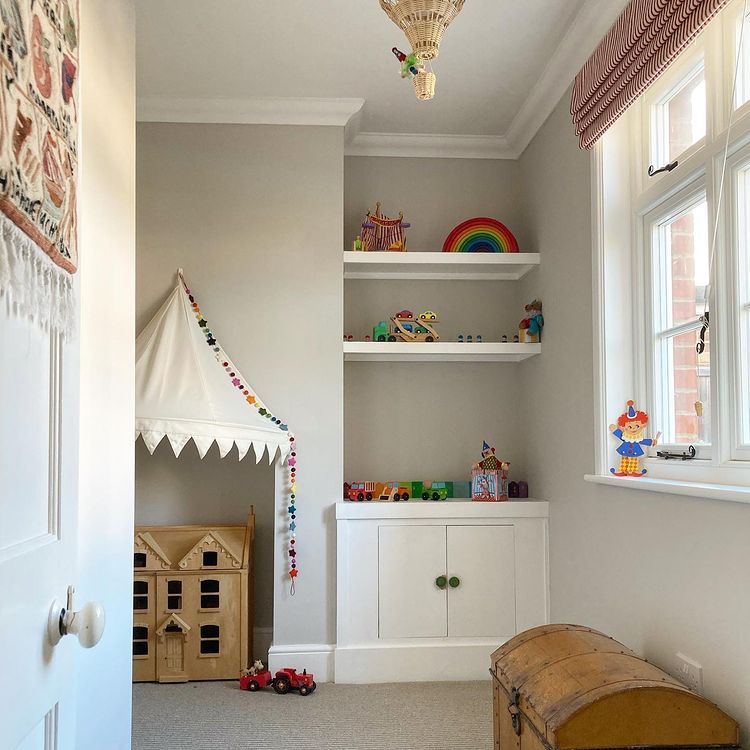 Greige room for kids Farrow and Ball Cornforth White