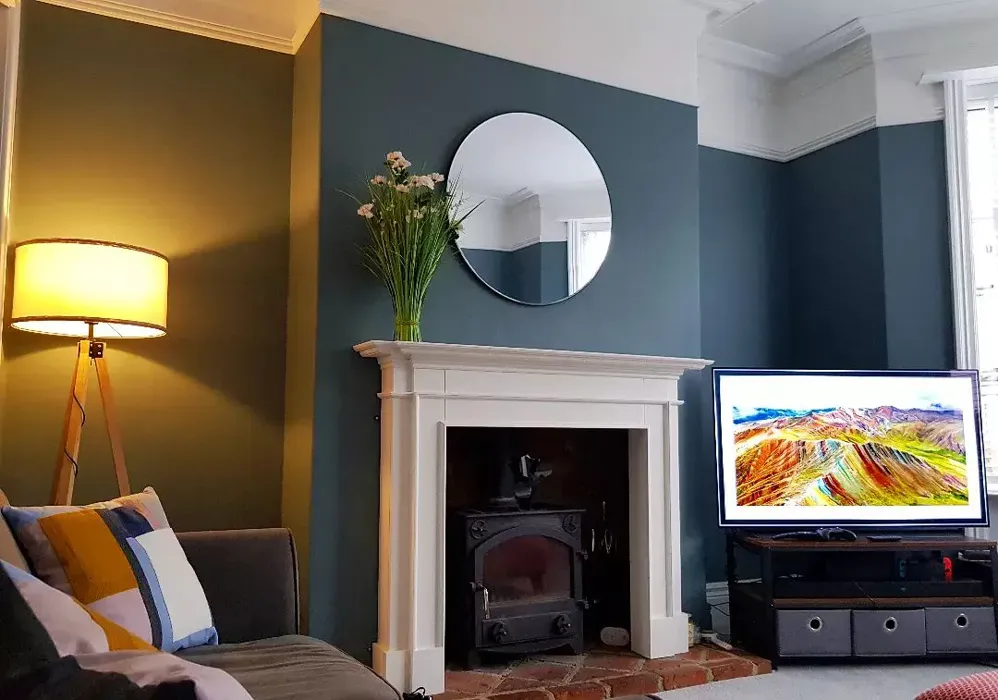 Farrow and Ball De Nimes 299 living room fireplace