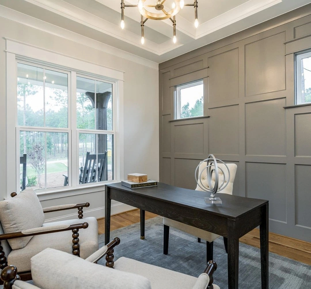 Grey accent wall with panelling Sherwin Williams Dovetail