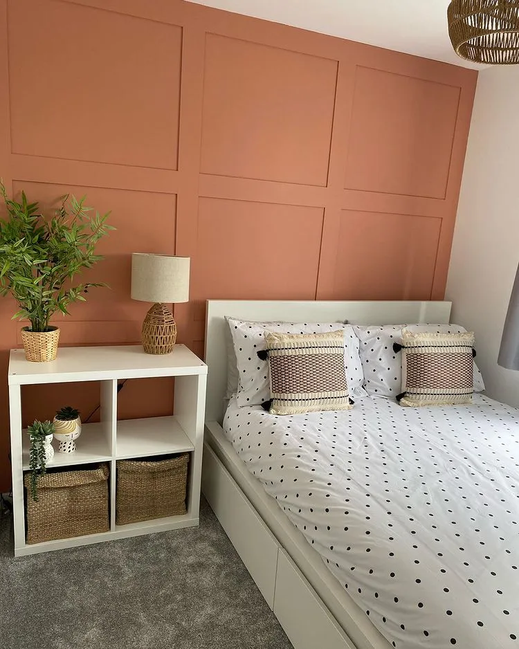 Bedroom panelling accent wall Dulux Copper Blush