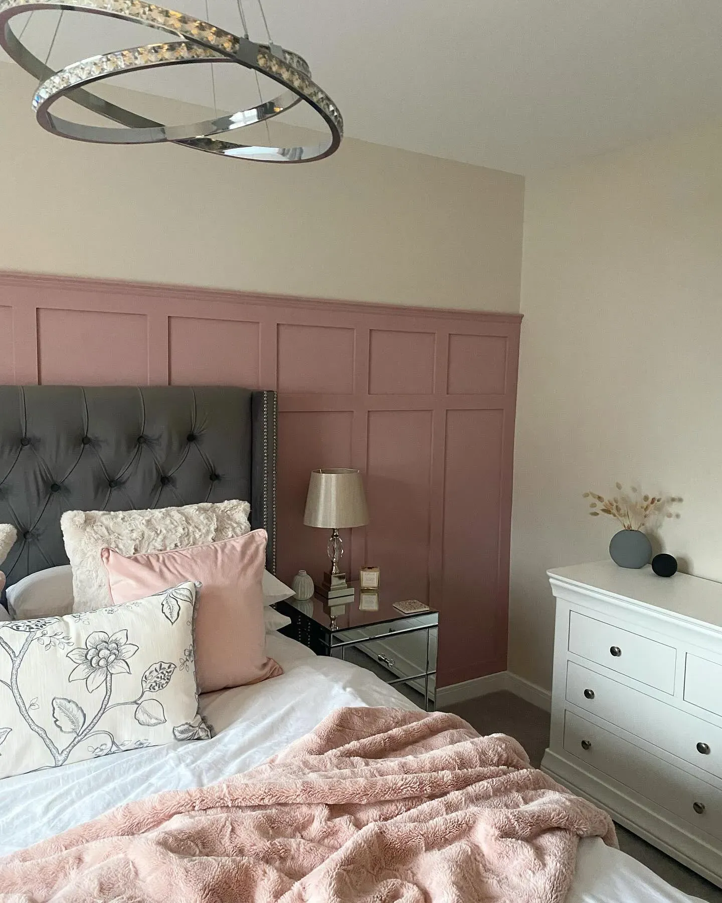 Farrow and Ball Cinder Rose bedroom panelling 