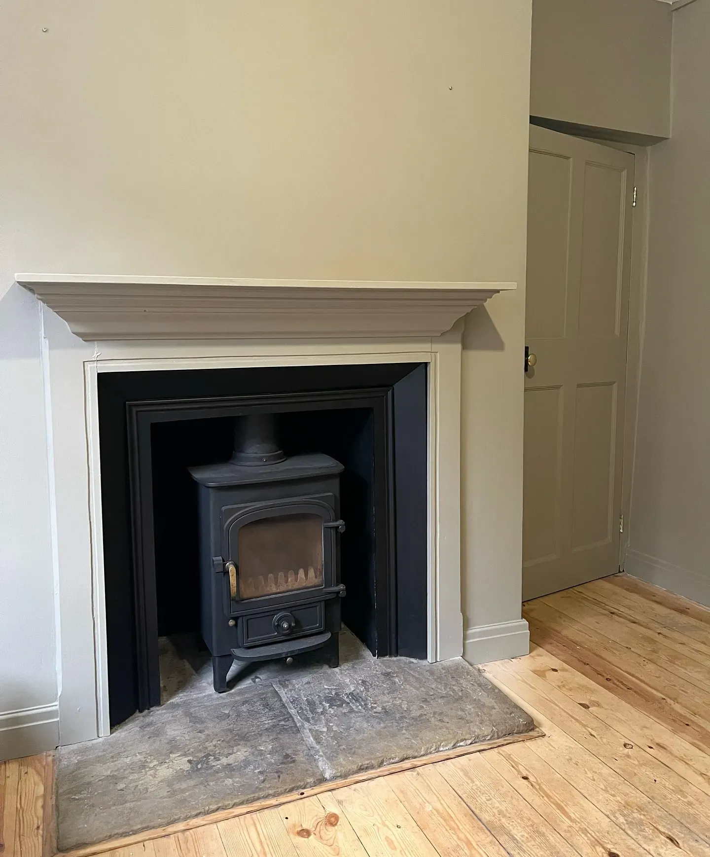 Farrow and Ball Light Gray living room fireplace 