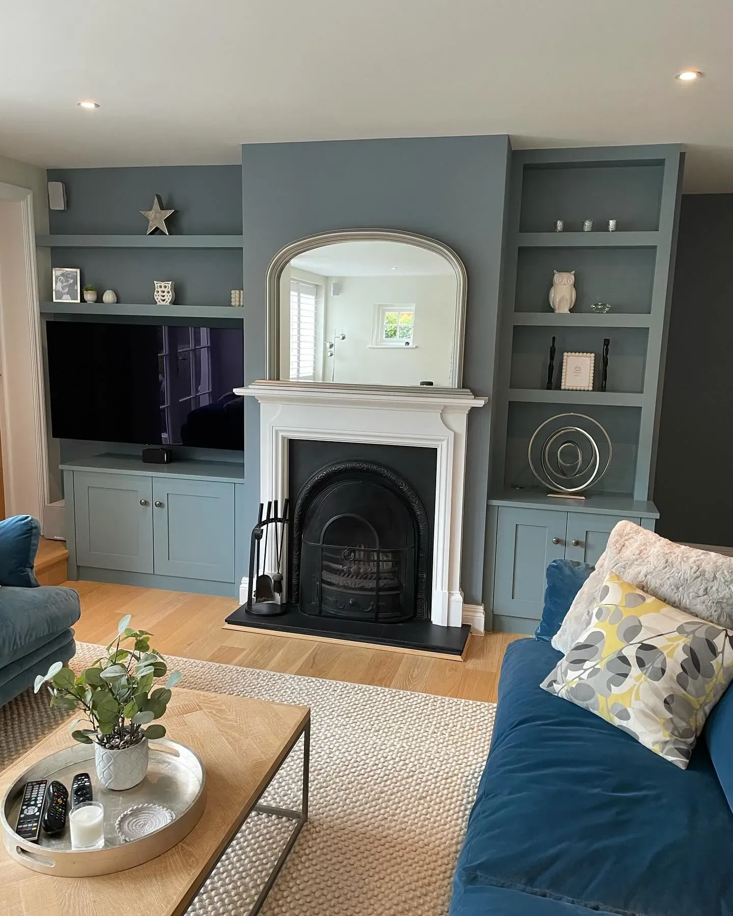 Farrow and Ball Selvedge living room fireplace color