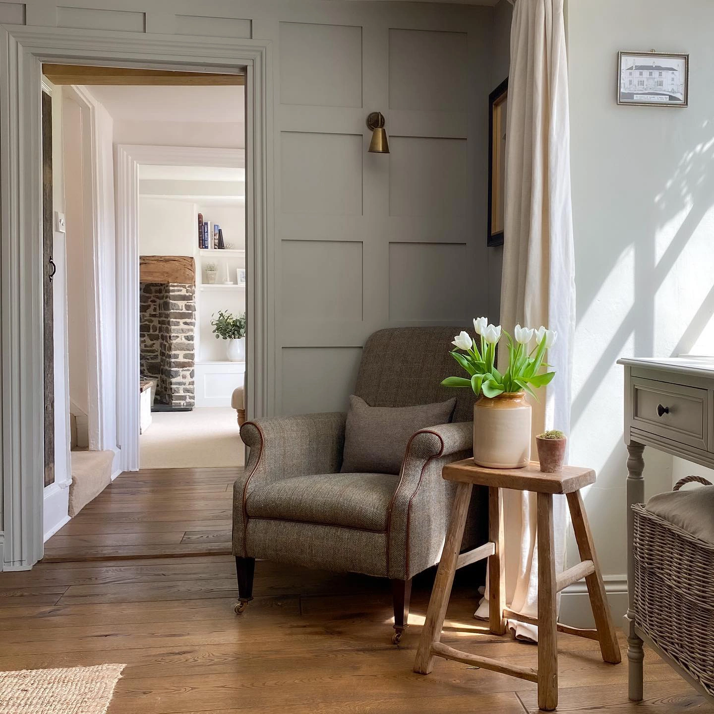 Farrow and Ball Lamp Room Gray review on accent panelled wall