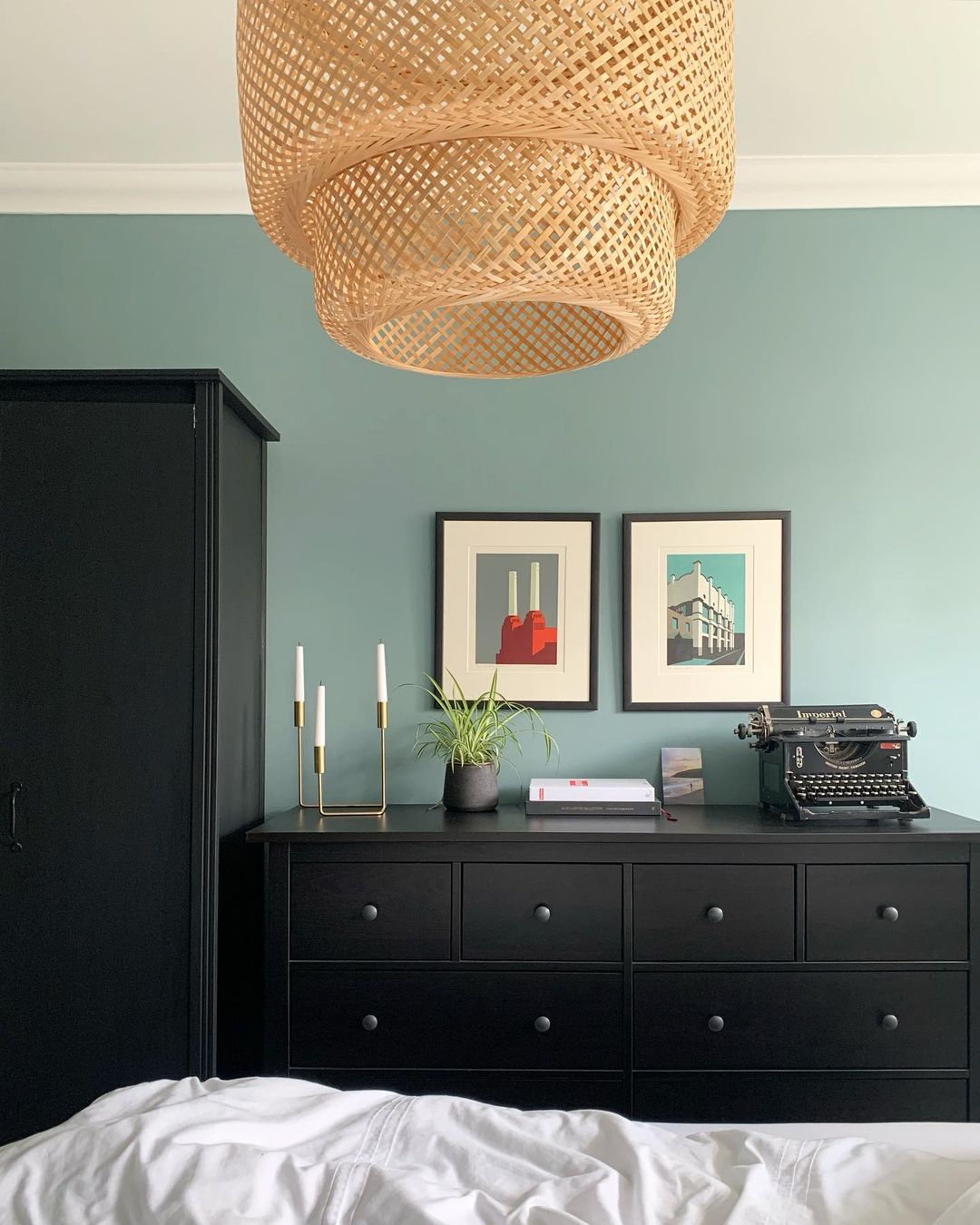 Scandinavian bedroom with Blue Oval Room Farrow and Ball