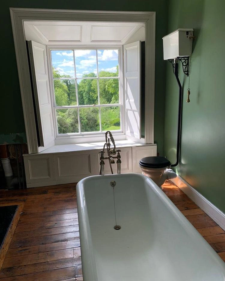 Green bathroom in historic house Little Greene Invisible Green