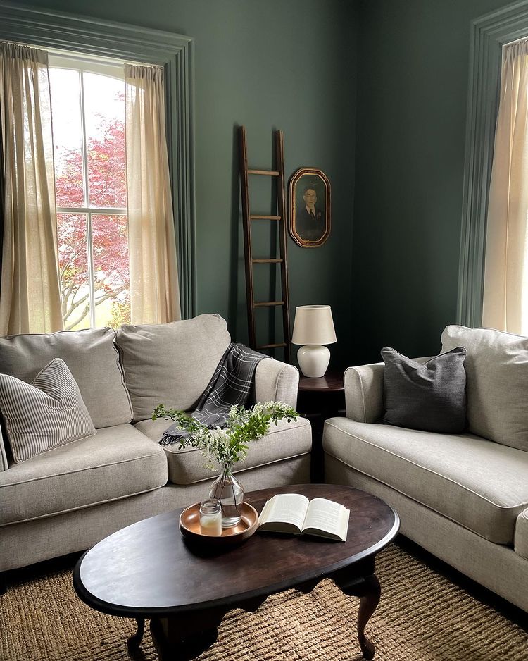 Green living room with Farrow and Ball Green Smoke