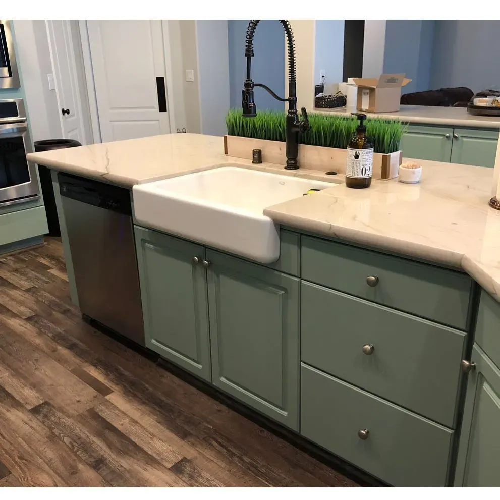 SW Halcyon Green kitchen cabinets 