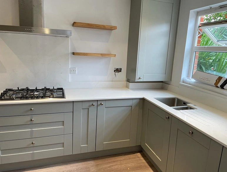 Gray kitchen cabinets painter Farrow and Ball Lamp Room Gray