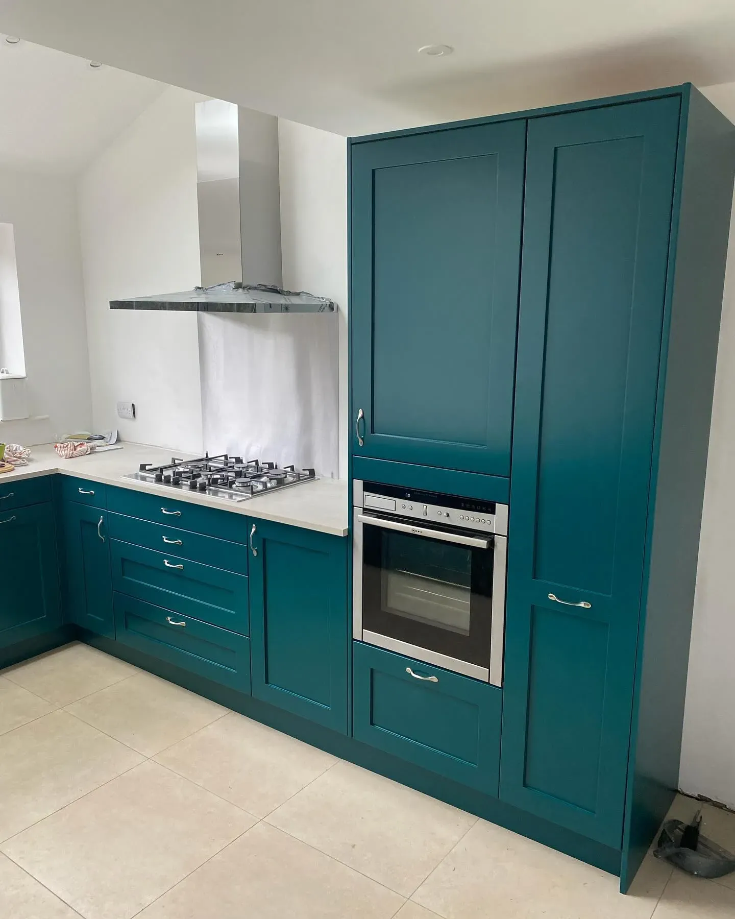 Little Greene Mid Azure Green kitchen cabinets paint