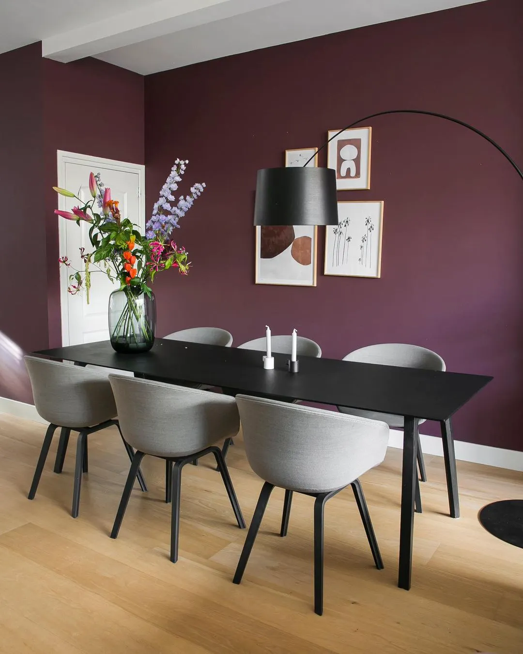 Dining room with plum walls
