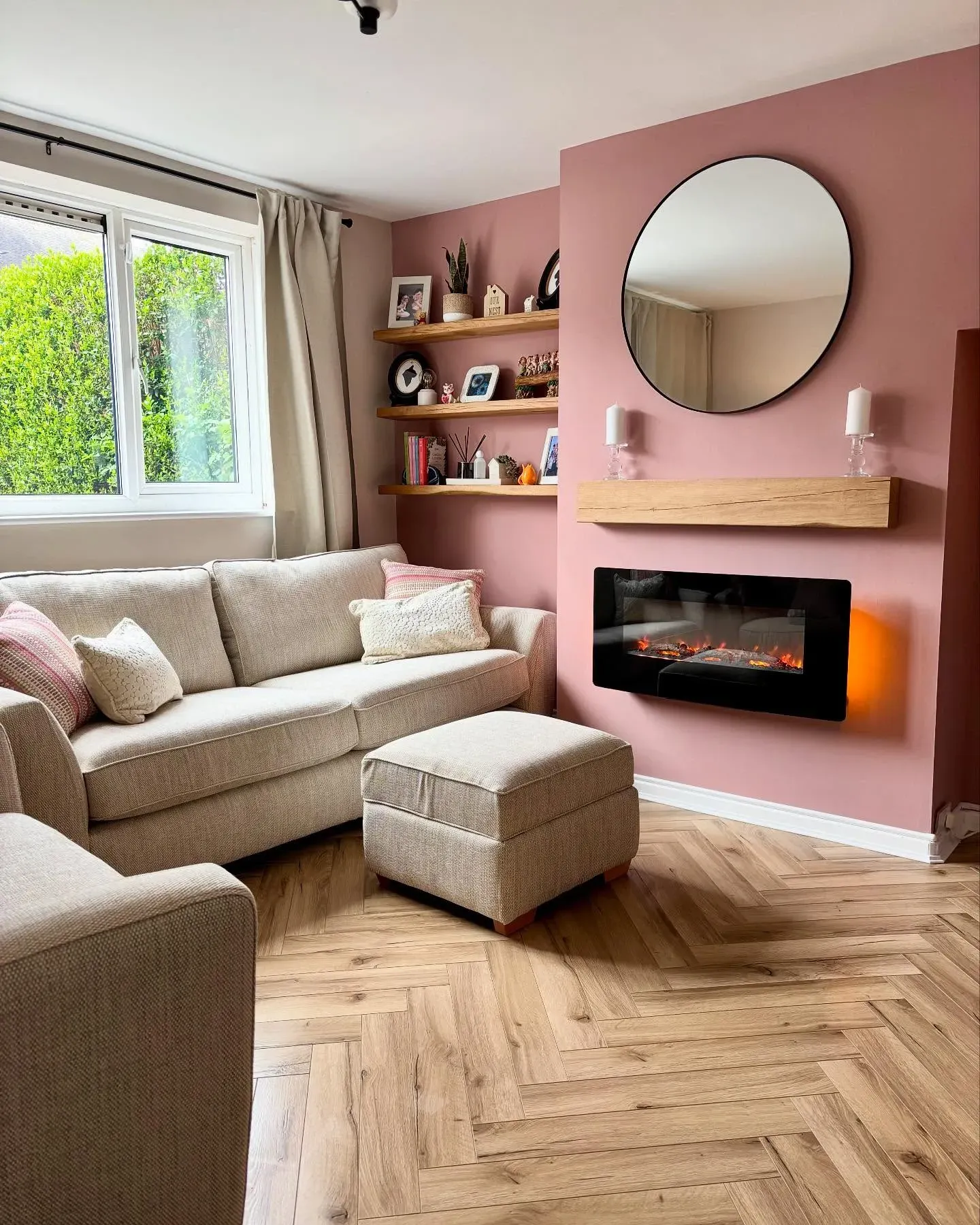 Dulux Pressed Petal living room fireplace 