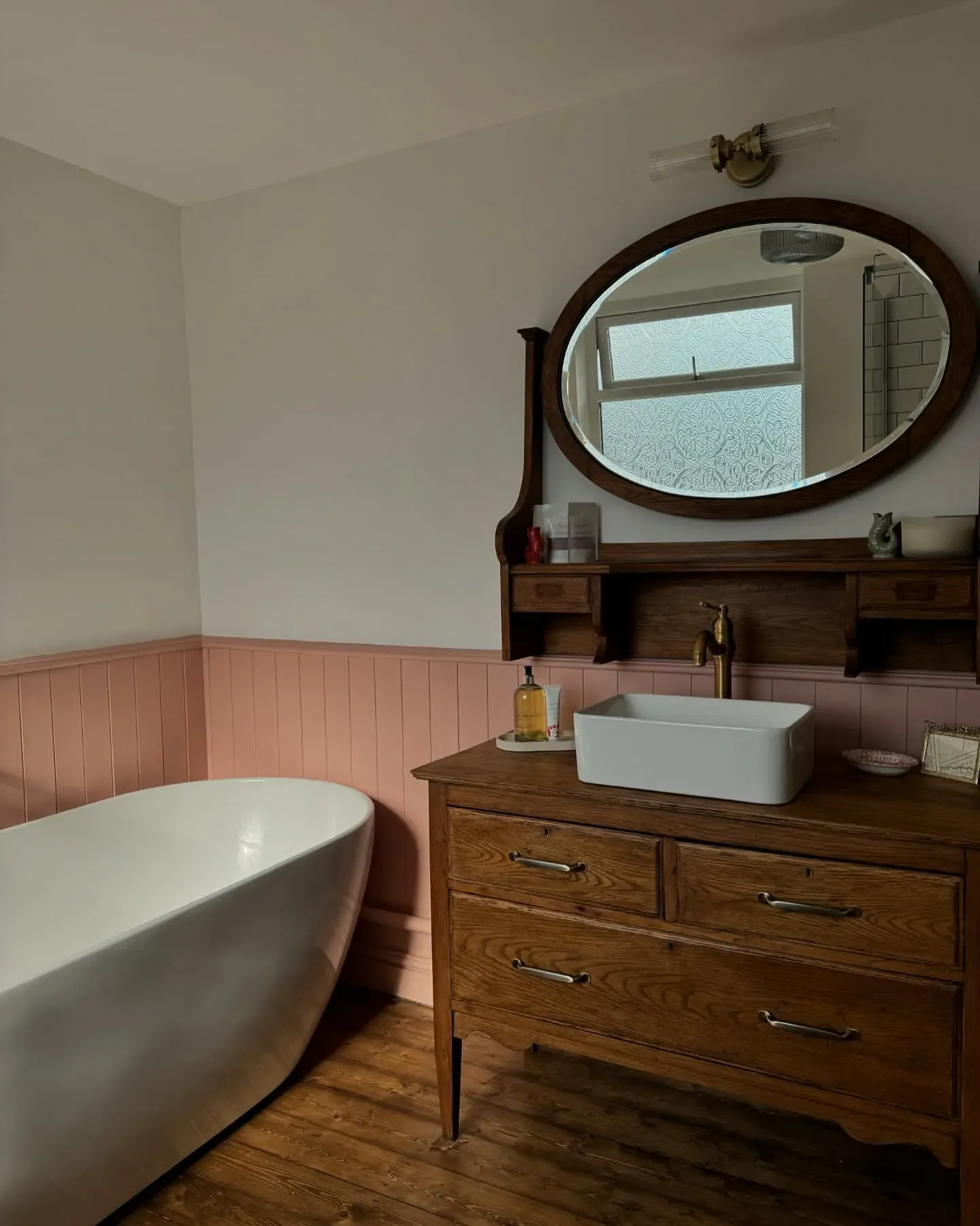 Dulux Pressed Petal bathroom wall panelling 