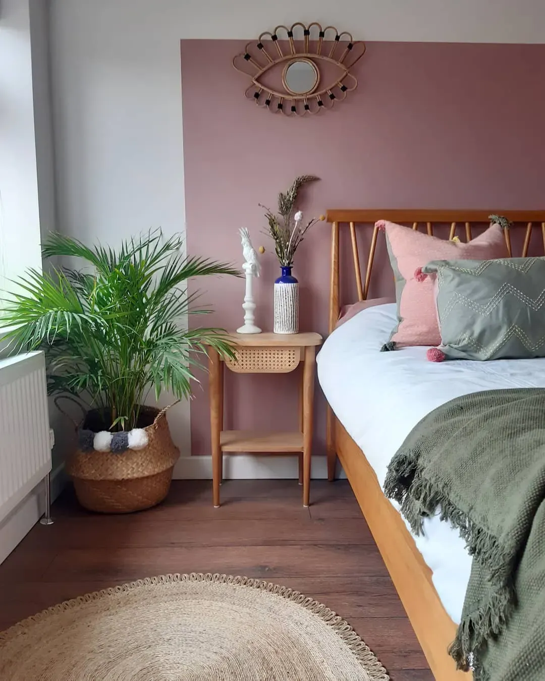 Dulux Pressed Petal boho bedroom color-block